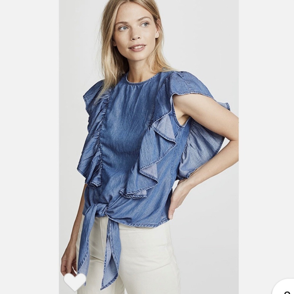 FRAME Denim Ruffle Tie Front Shirt Blue Chambray Button Front Size‎ S
